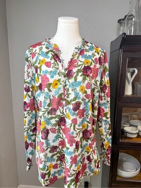 Talbots Floral Cotton Blouse Cottagecore Garden Print Size XL